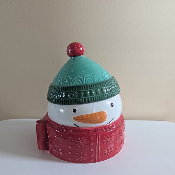 CHRISTMAS SNOWMAN VINTAGE CERAMIC COOKIE JAR - Picture 1 of 5